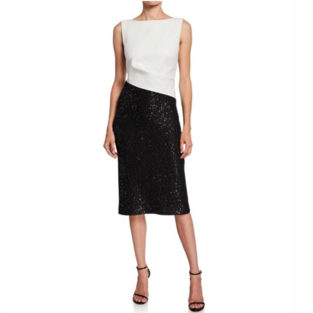 St. John Colorblock Tuxedo Bodice Dress w/Sequin Ribbed Knit, Size 10 NWT $1395
