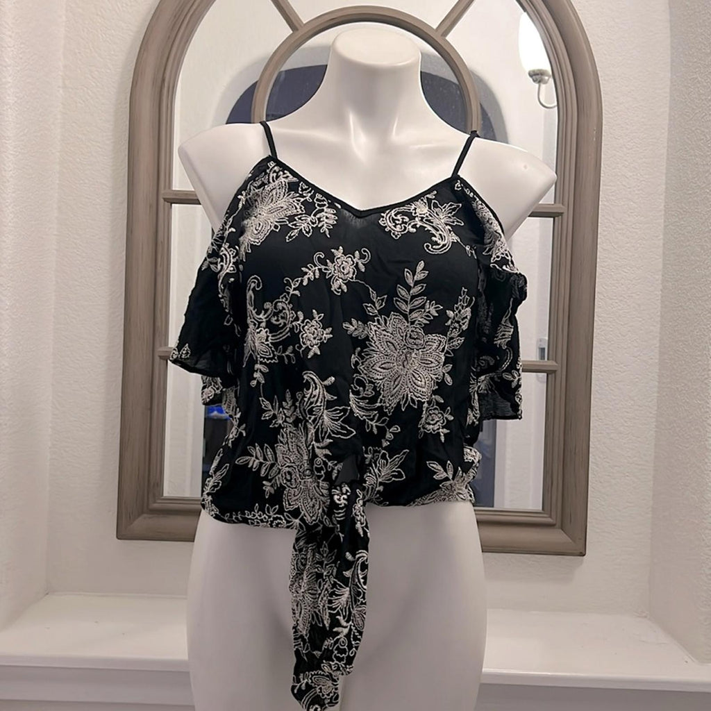 Karen Kane Casablanca Tie-Front Ruffle Sleeve Top, Black & White Size XS NWT