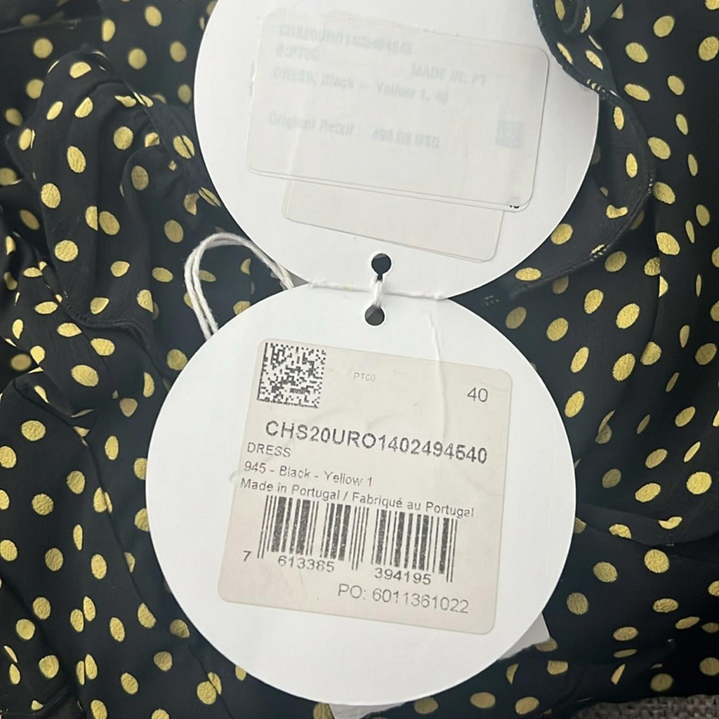 See by Chloé Dot-Print Halter Ruffle Dress, Black/Yellow Size FR40/M/8 New w/Tag
