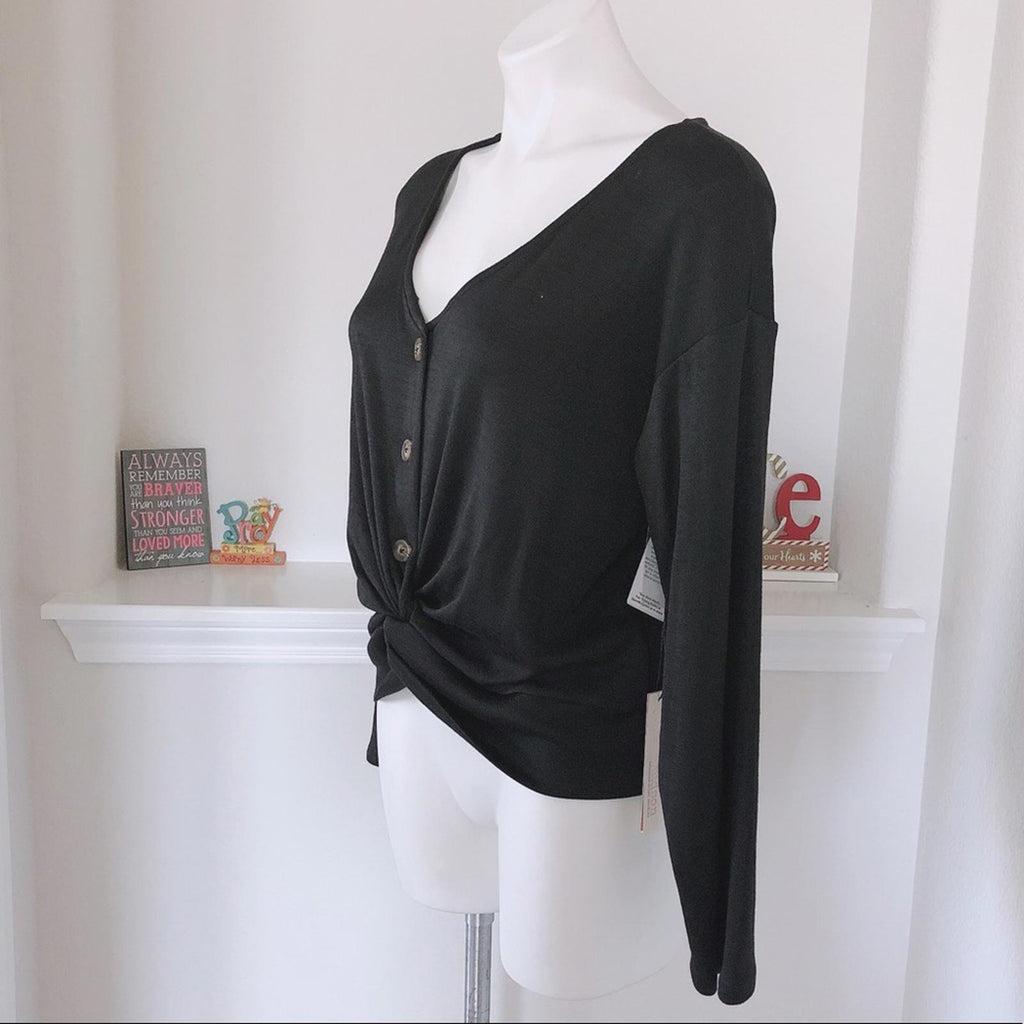 June & Hudson Knot Front Sweater in Black, Knit Long Sleeve Size XL New w/Tag