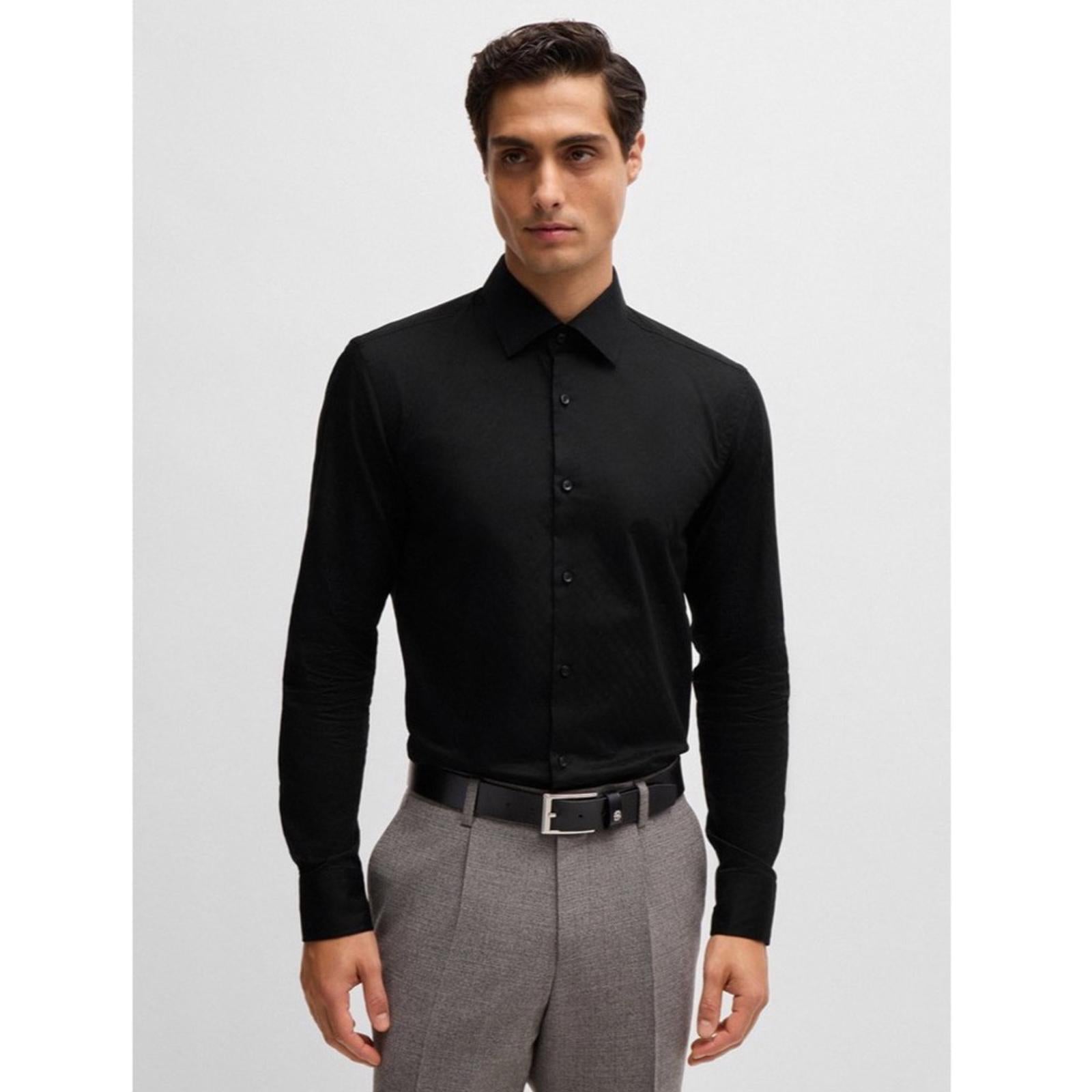 Boss Slim-Fit Shirt in Italian Cotton with Jacquard Monograms in Black Size 16.5