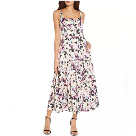 Aidan Mattox Floral Print Satin Midi Dress in Ivory Multi, Size 0 New w/Tag $195