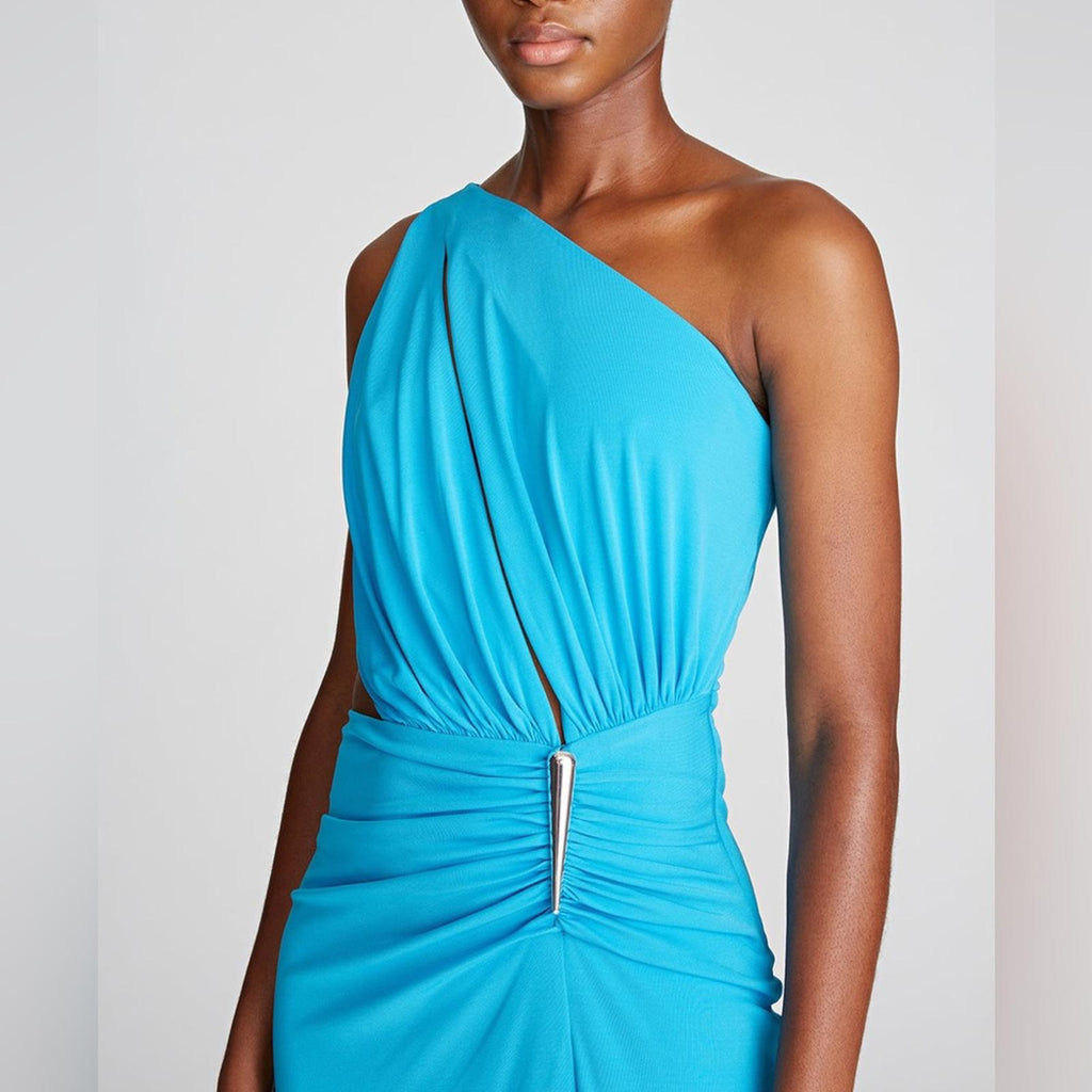 Halston Ivanna Gathered Asymmetric Cut-Out Gown, Aqua/Blue Size 4 New w/Tag