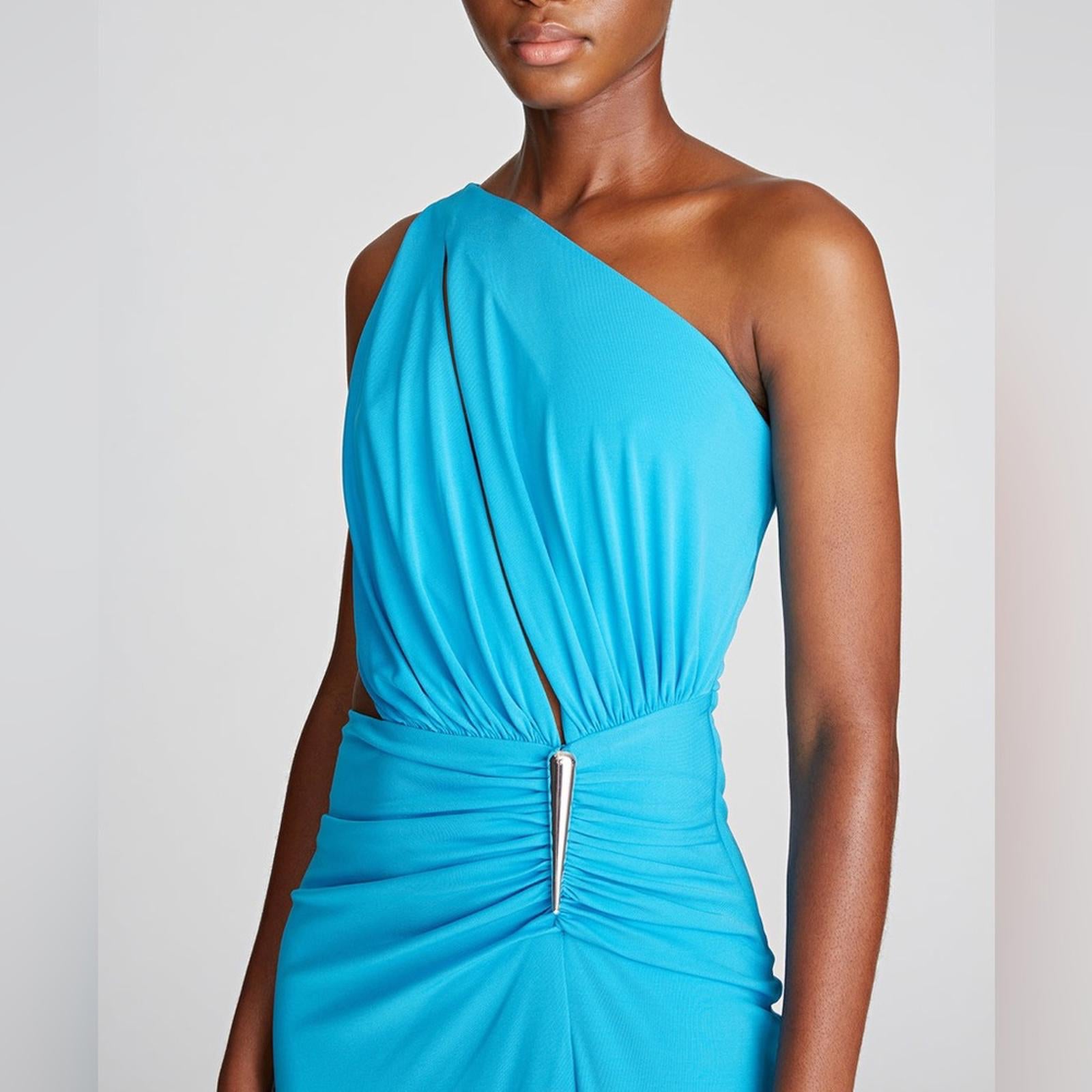 Halston Ivanna Gathered Asymmetric Cut-Out Gown, Aqua/Blue Size 4 New w/Tag