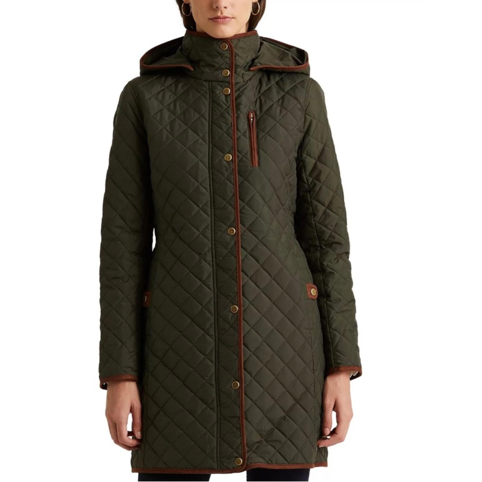 Lauren Ralph Lauren Faux-Leather-Trim Hooded Quilted Coat, Size S New w/Tag