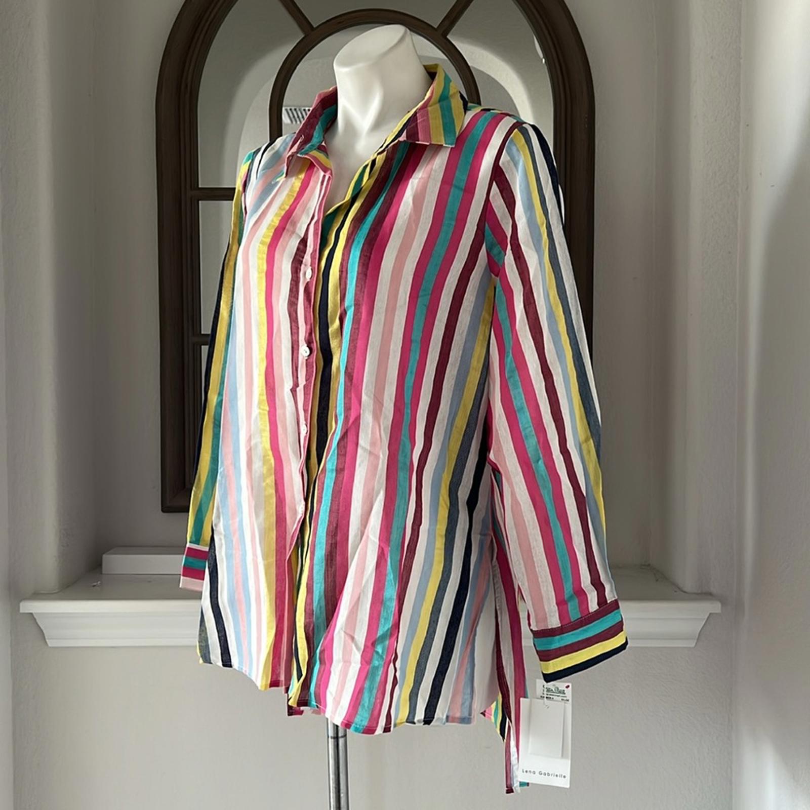 Lena Gabrielle Linen-Blend Summer Stripe Shirt, Size XL New w/Tag $120