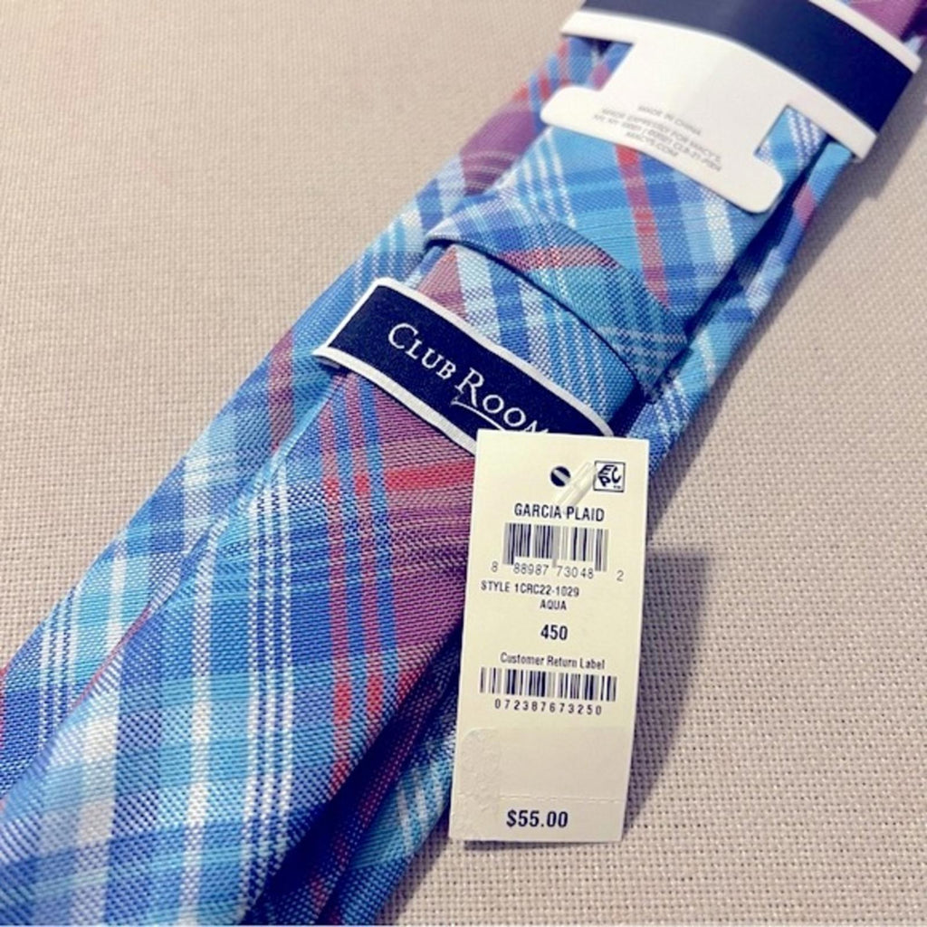 Club Room Garcia Plaid Neck Tie in Aqua Blue Pink,
Style 1CRC22-1029 New w/Tag