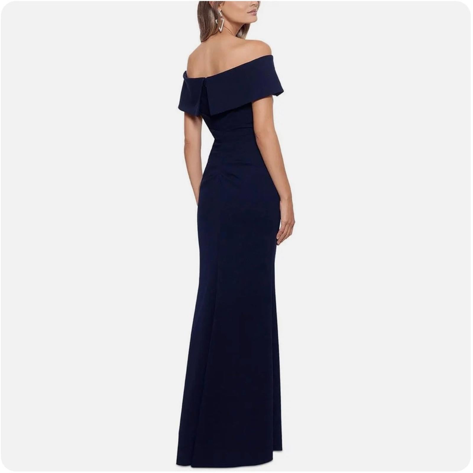 NEW Xscape Off-The-Shoulder Maxi Formal Evening Gown in Navy, Petite Size 12 NWT