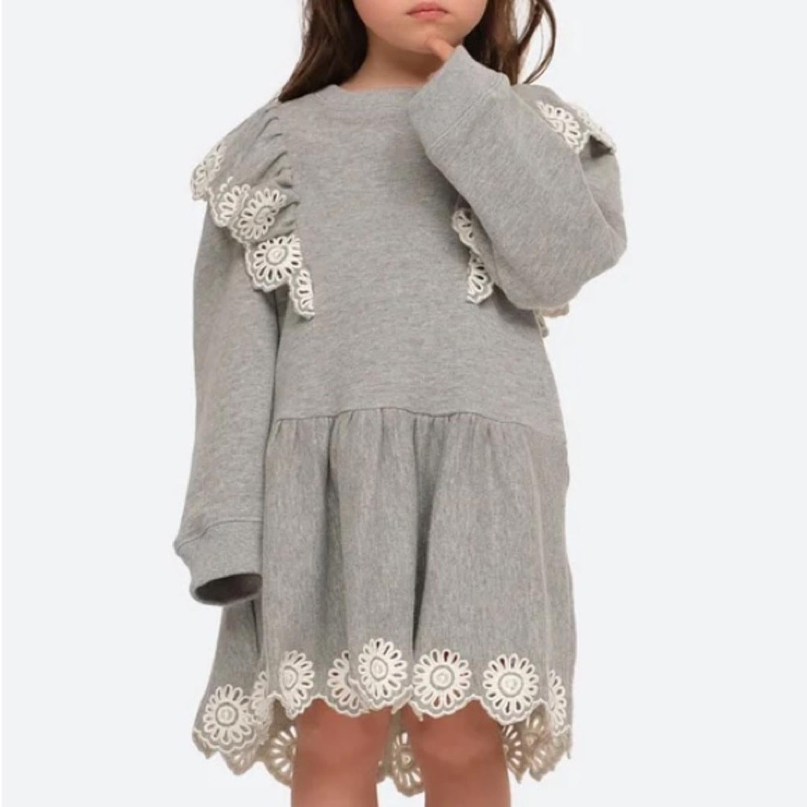 SEA Blaine Openwork Embroidery Adorned Long Sleeve Combo Dress, Grey Size 12Y