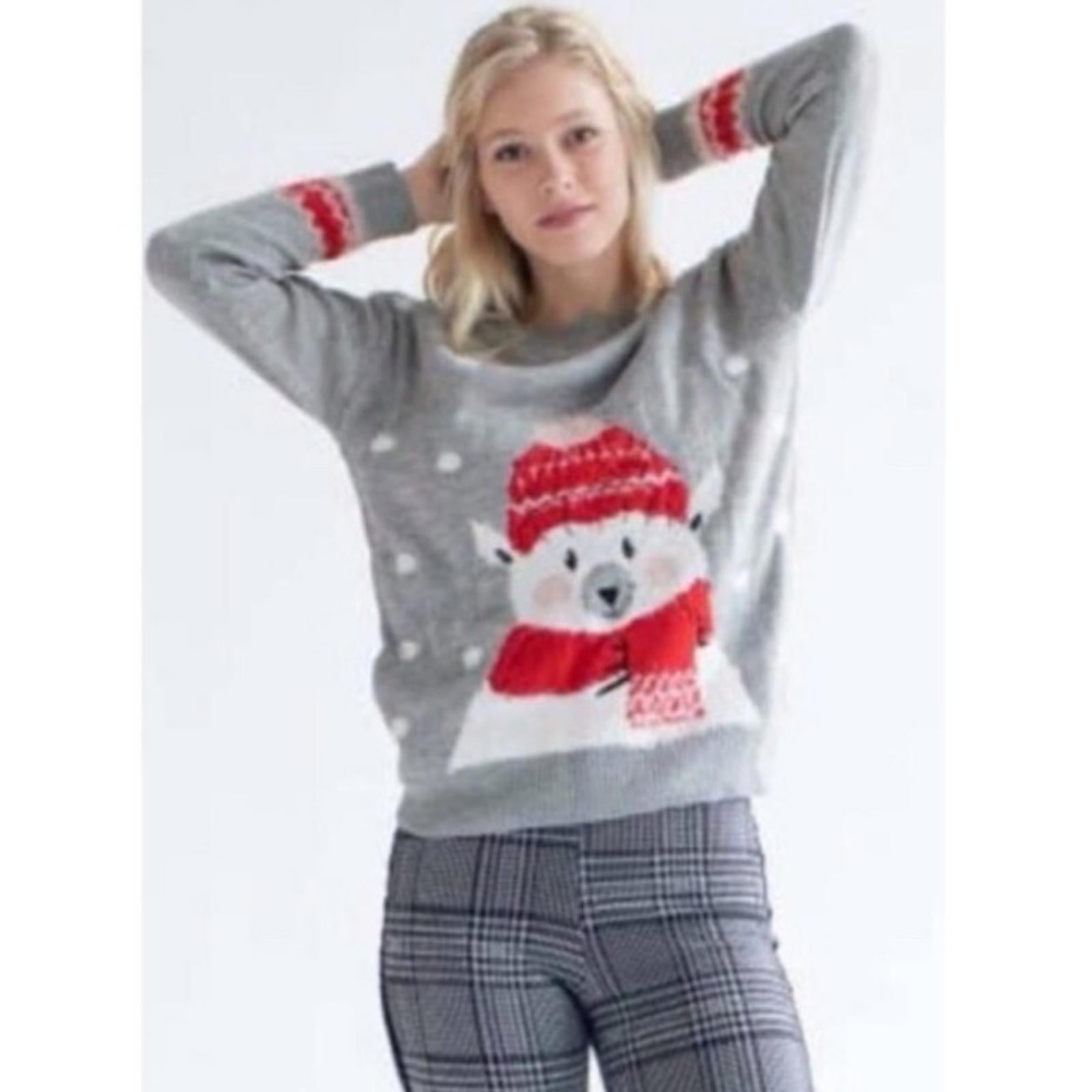 POOF New York Holiday Polar Bear Crewneck Sweater in Grey, NWT, Size M