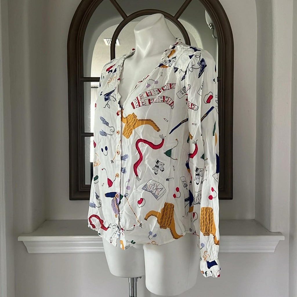 Anthropologie’s Maeve Marisol Ruffled Winter Ski Print Blouse, Size 8