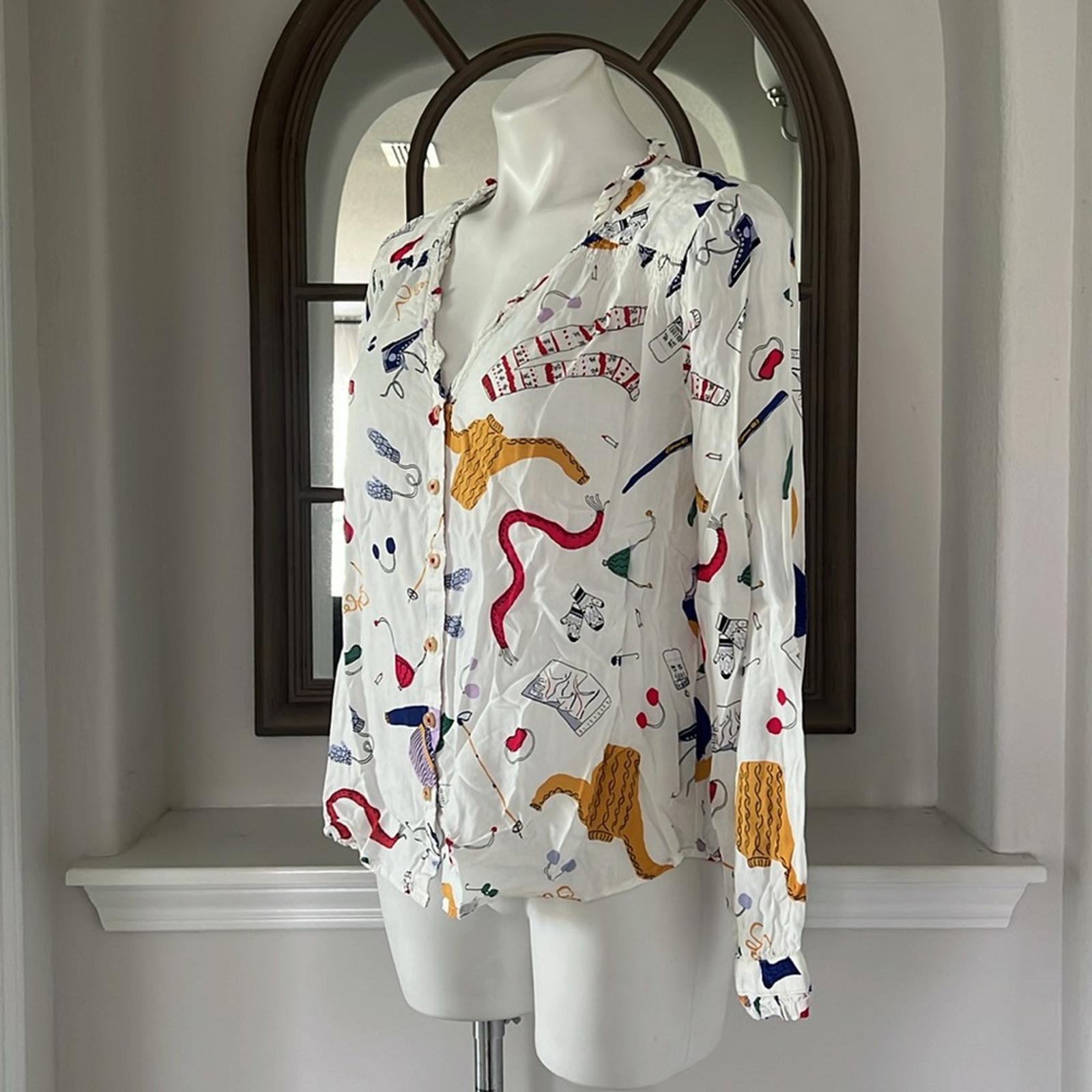 Anthropologie’s Maeve Marisol Ruffled Winter Ski Print Blouse, Size 8