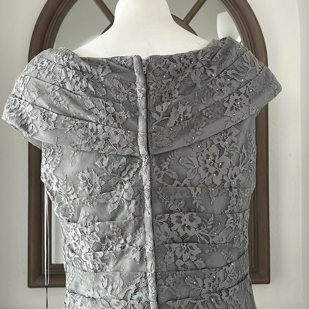 La Femme Lace Off the Shoulder Cap Sleeve Evening Dress in Platinum Size 16 NWT