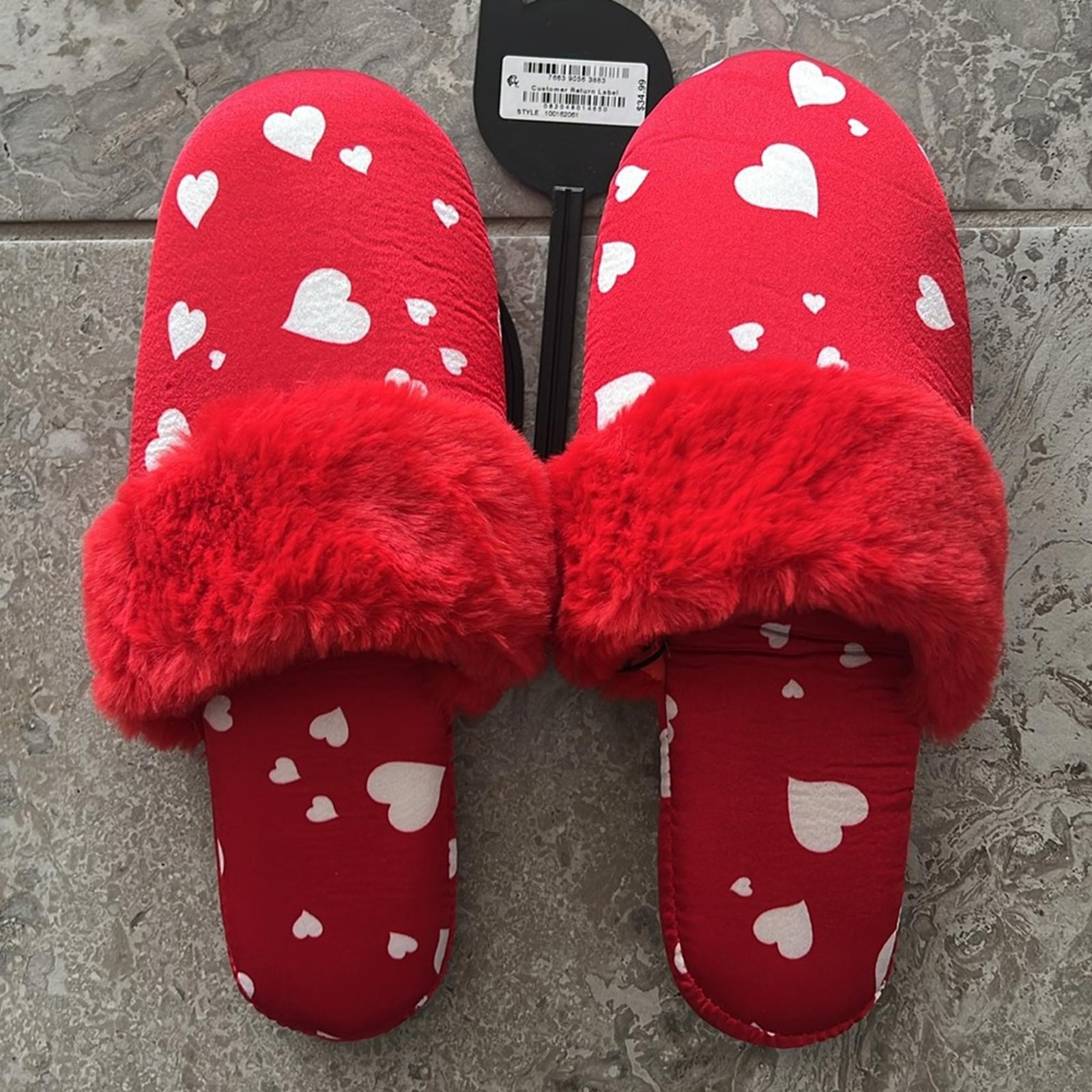 INC Hearts Faux-Fur-Trim Slippers in Red/White Size XL(11-12) New w/Tag