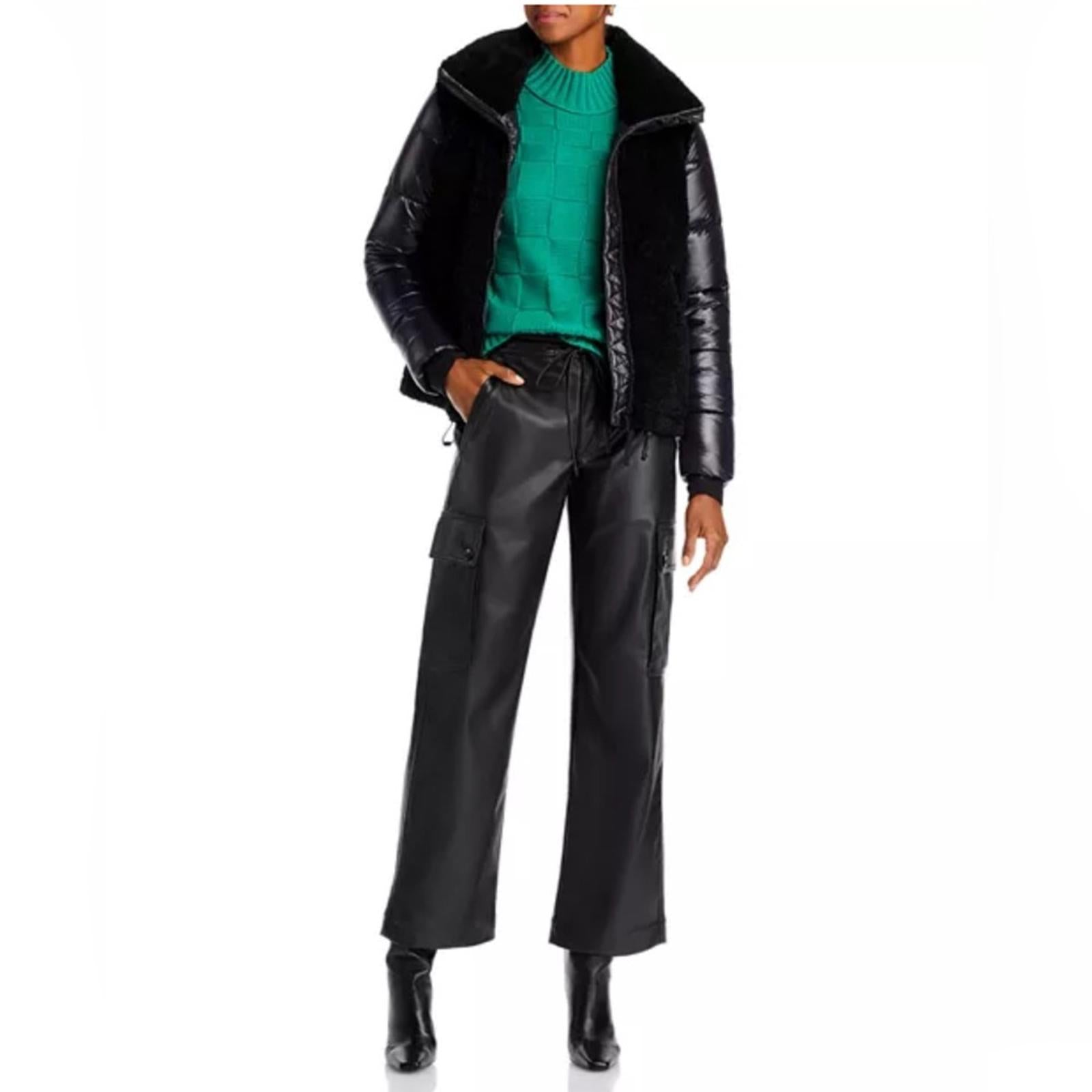 Aqua Bloomingdale’s Mixed Media Puffer Coat Jacket in Black, Size XL NEW w/Tag