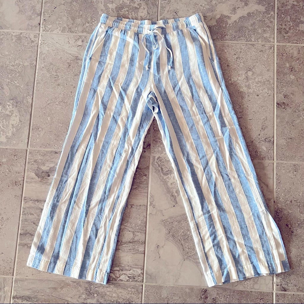 Anthropologie’s Cloth & Stone Linen Wide Leg Pants Blue & Cream Size M New w/Tag