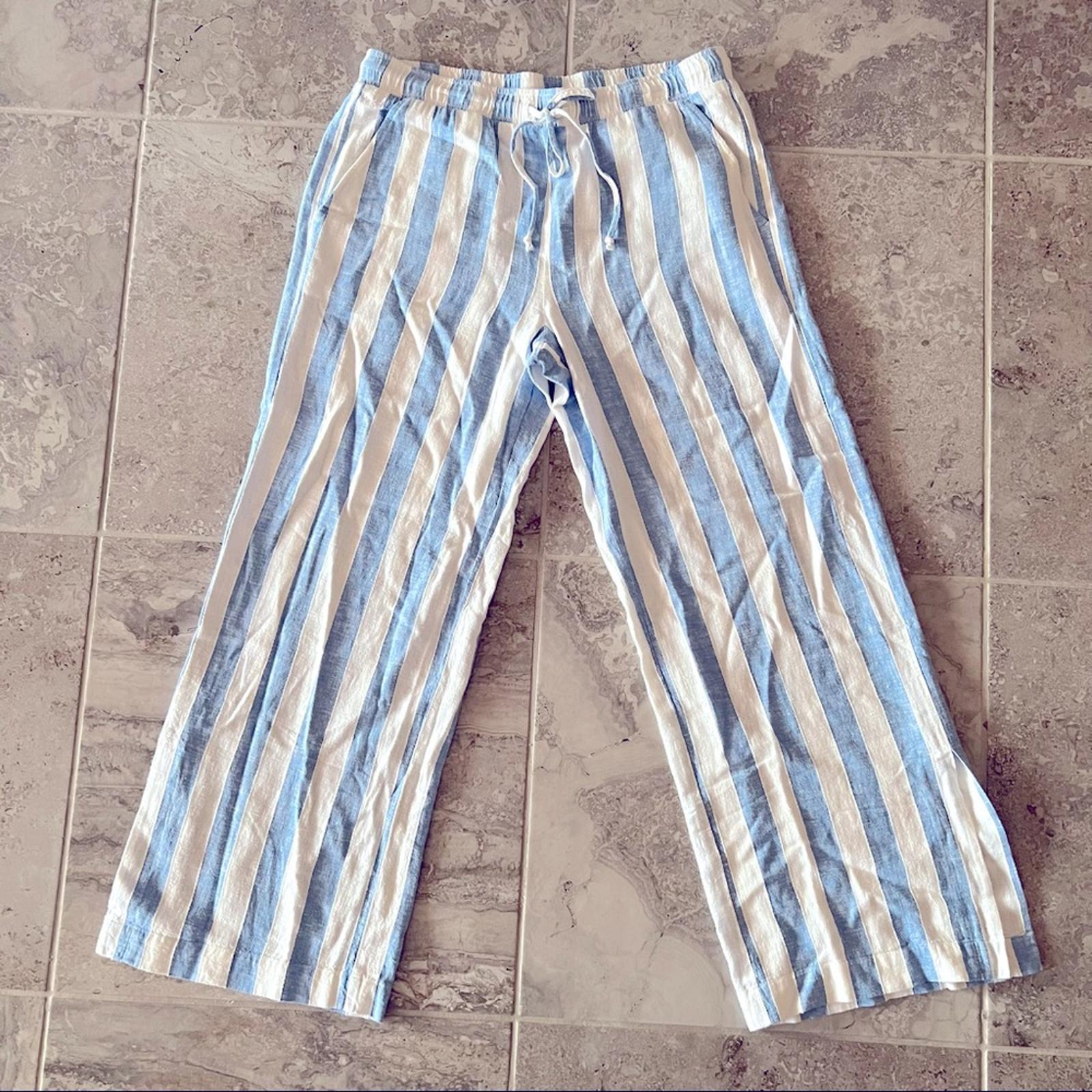 Anthropologie’s Cloth & Stone Linen Wide Leg Pants Blue & Cream Size M New w/Tag