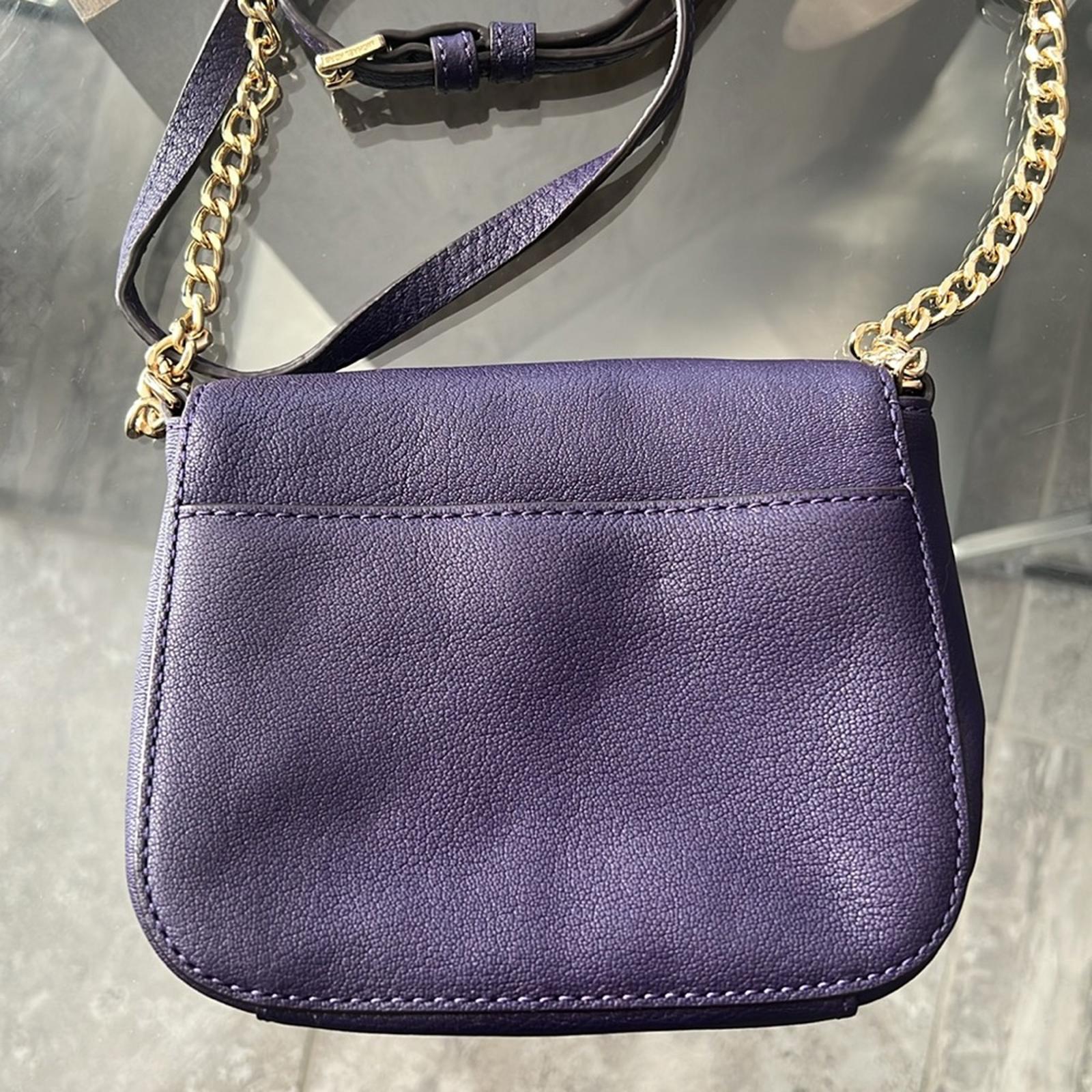 Michael Kors Fulton Leather Flap Crossbody Bag, Purple & Gold Tone Retail $208