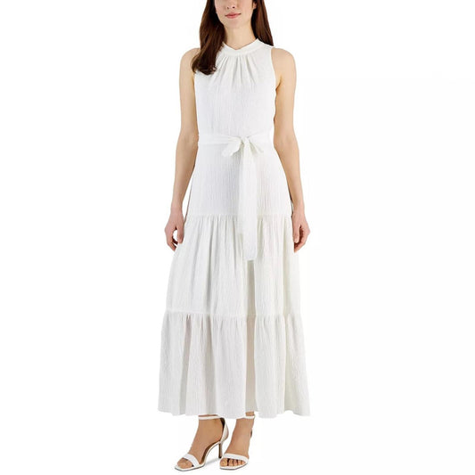 Anne Klein Tie-Neck Tiered Sleeveless Maxi Dress, Size 12 Bright White New w/Tag