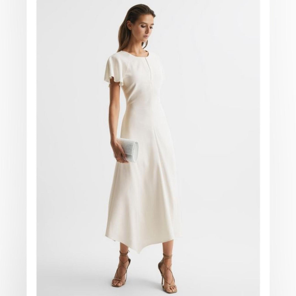 REISS Eleni Flutter Sleeve Midi Dress, Size UK 6, US 2 New w/Tag Retail $385