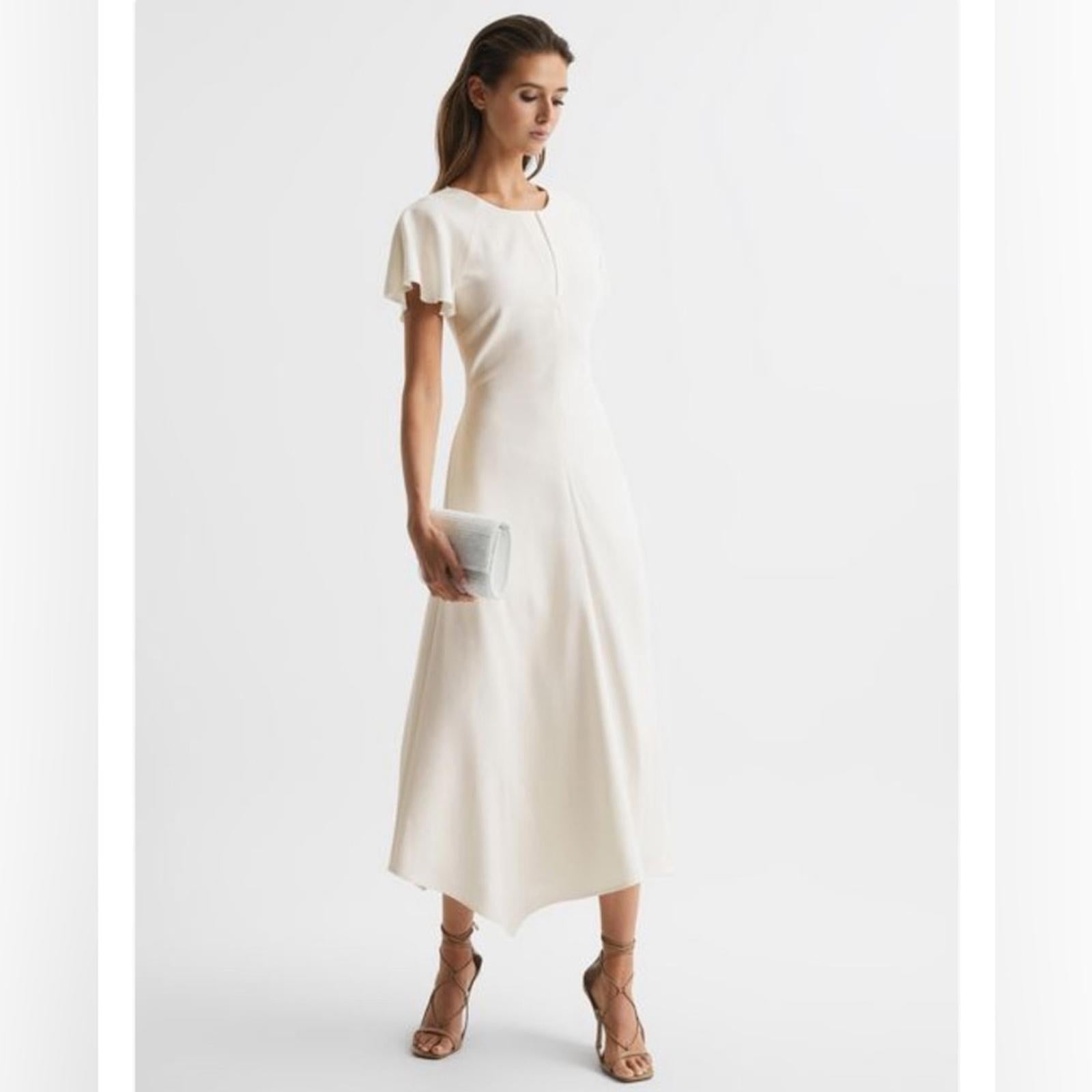 REISS Eleni Flutter Sleeve Midi Dress, Size UK 6, US 2 New w/Tag Retail $385