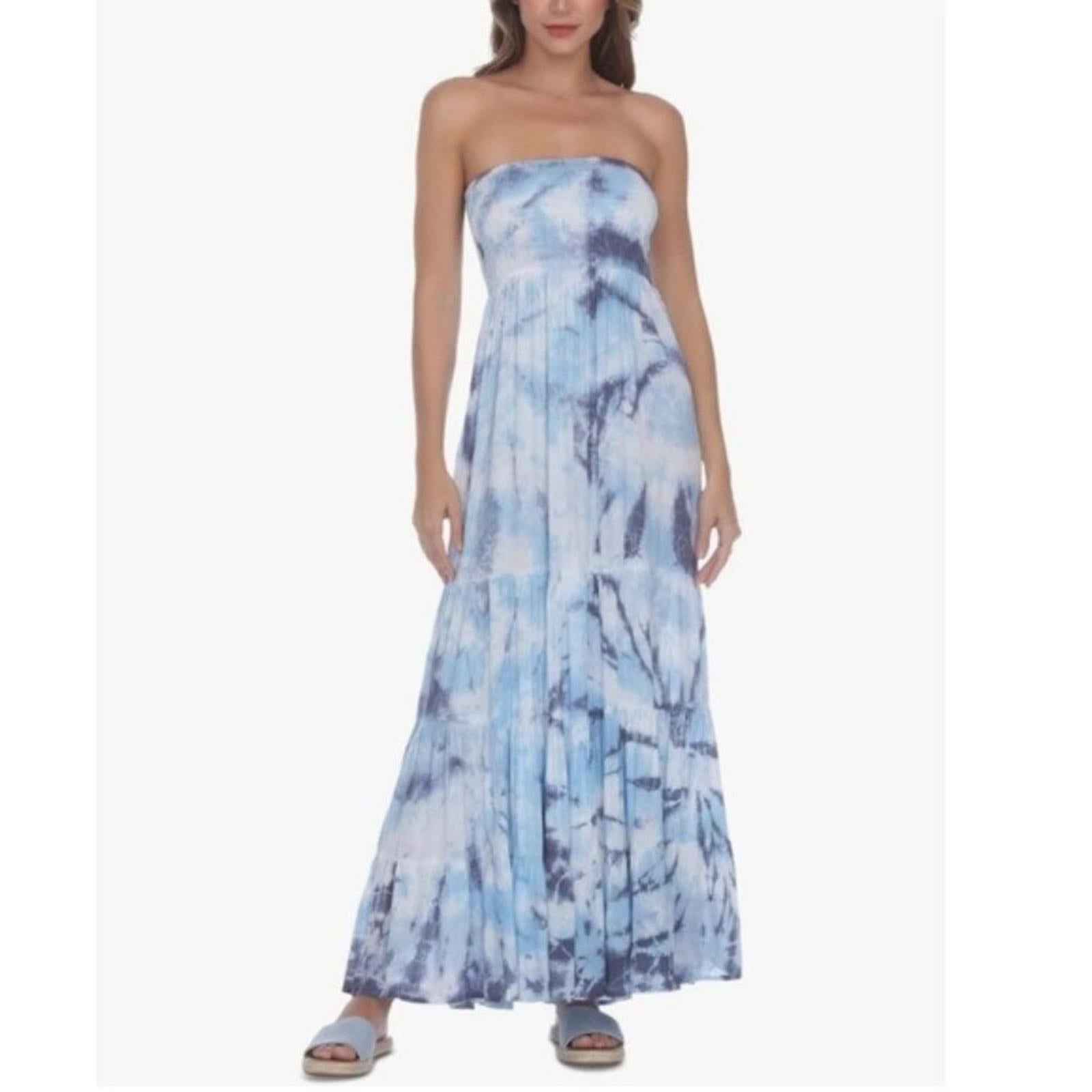 RAVIYA Strapless Tiered Tie-Dye Maxi Dress Cover-Up in Blue/Sky Size 2X NWT