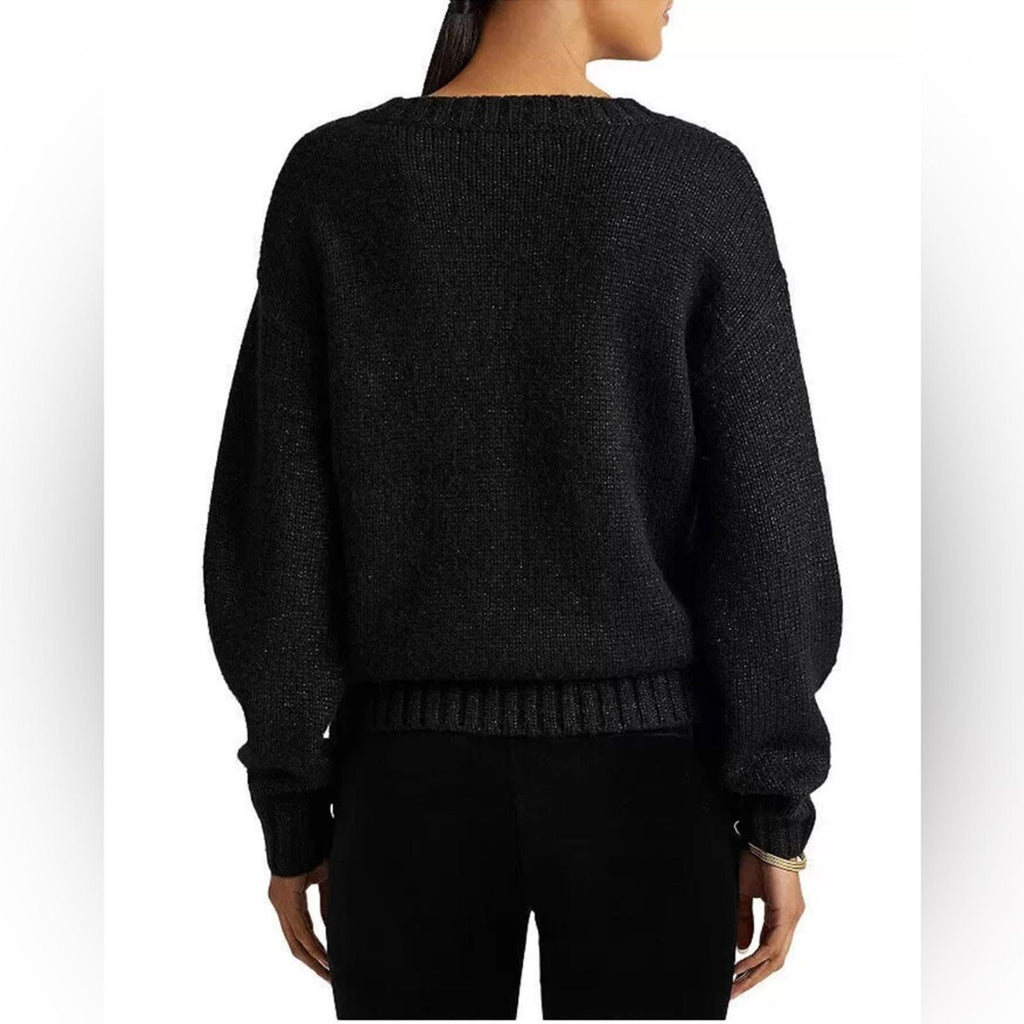 Lauren Ralph Lauren Metallic V-Neck Sweater in Black, Size M New w/Tag