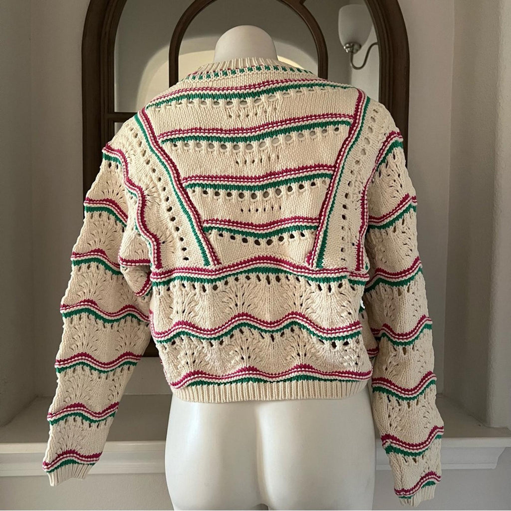 ba&sh Ecru Hicham Jumper Stripe Pointelle Sweater, Ivory Size XS Retail $336