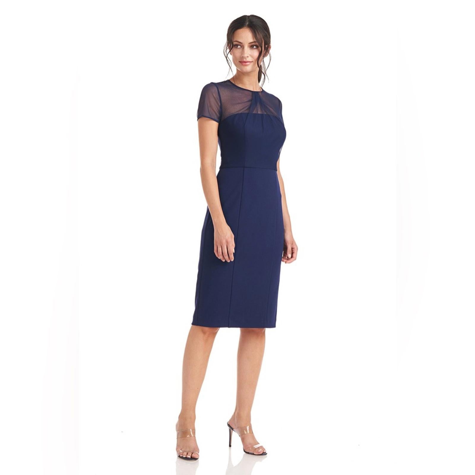 JS Collection Short Sleeve Illusion Cocktail Sheath Dress Navy Size 2 NWT $178
