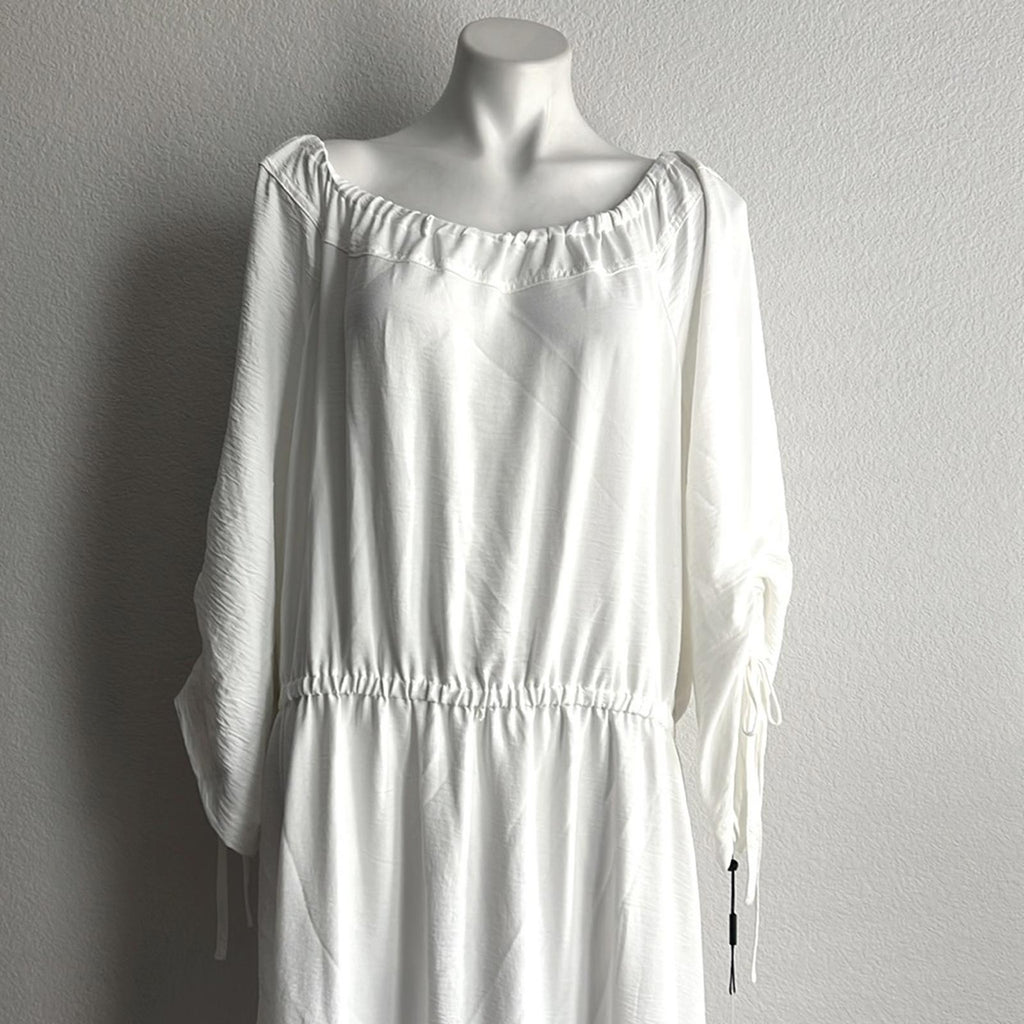 Calvin Klein Off-The-Shoulder Blouson Maxi Dress in Cream White, NWT, Size 18
