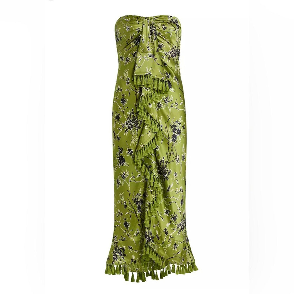 Cinq à Sept Elise Silk Strapless Wildflower Ruffle Tassel Dress, NWT, Size 0