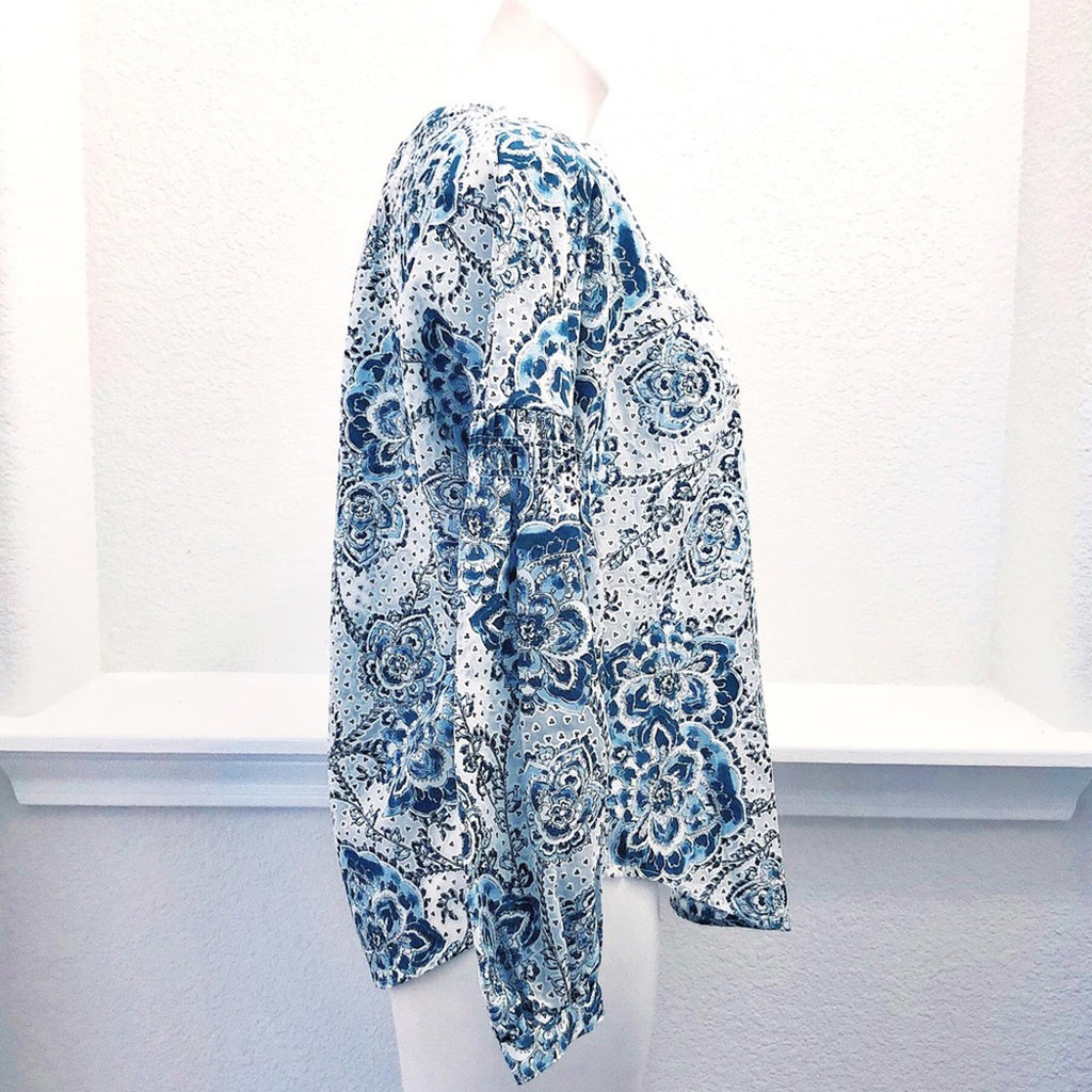 NWT Tommy Hilfiger Printed Blouson-Sleeve Blouse in Blue White Size S New w/Tag