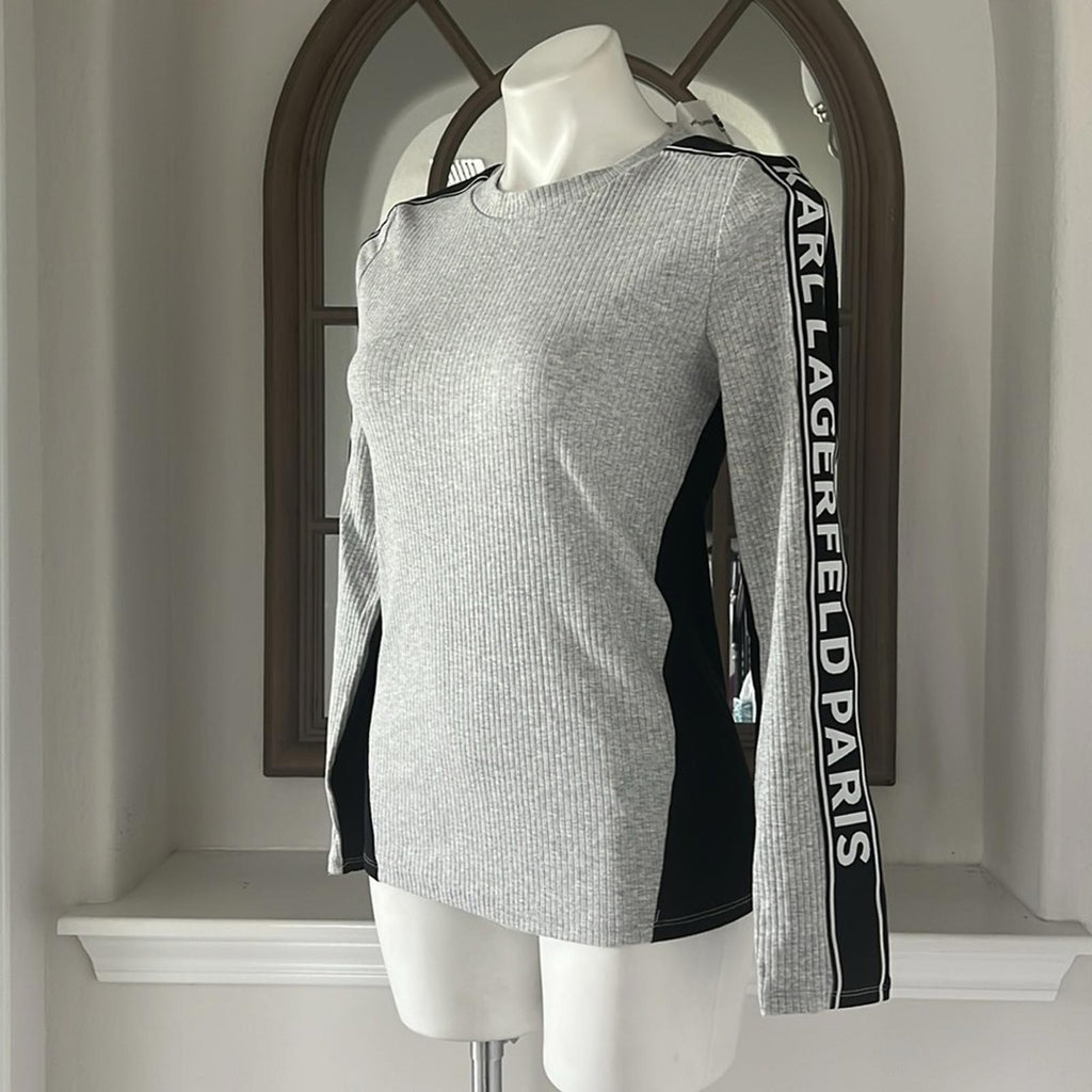 Karl Lagerfeld Paris Logo Tape Long Sleeve Tee, Grey Size S New w/Tag