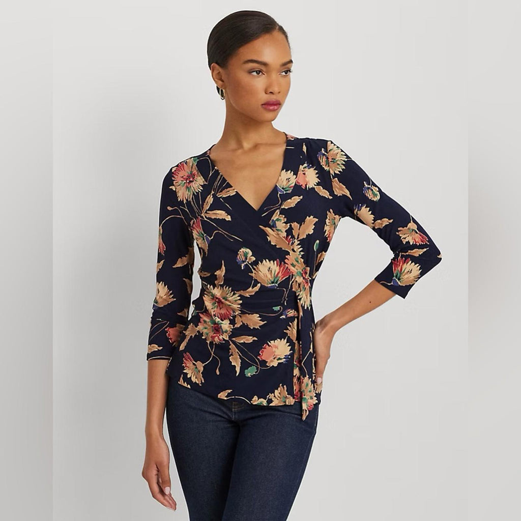 Lauren Ralph Lauren Floral Stretch Jersey Top in Navy Tan Multi Size 1X NWT