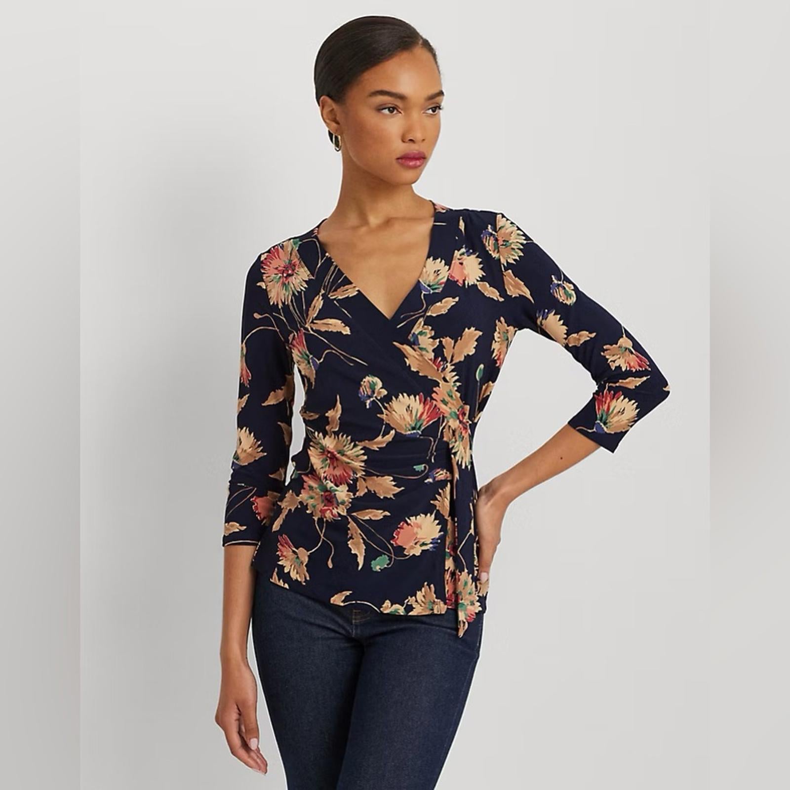 Lauren Ralph Lauren Floral Stretch Jersey Top in Navy Tan Multi Size 1X NWT
