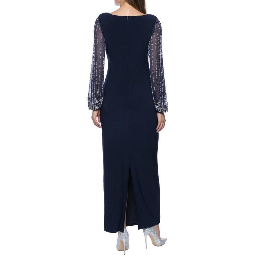Marina Sheer Beaded Long Sleeve Maxi Dress in Navy, Size 16, New w/Tag