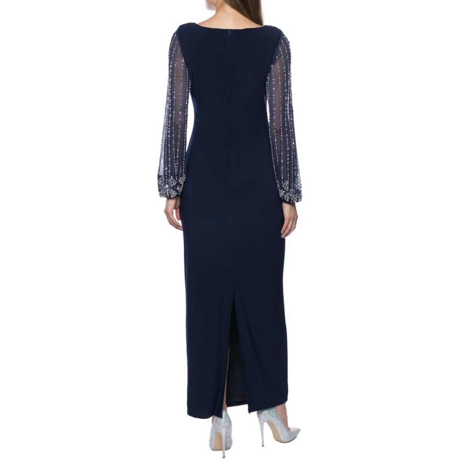Marina Sheer Beaded Long Sleeve Maxi Dress in Navy, Size 16, New w/Tag