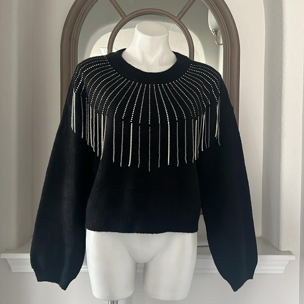 NEW Aqua Rhinestone Fringe Sweater in Black, Size S New w/Tag