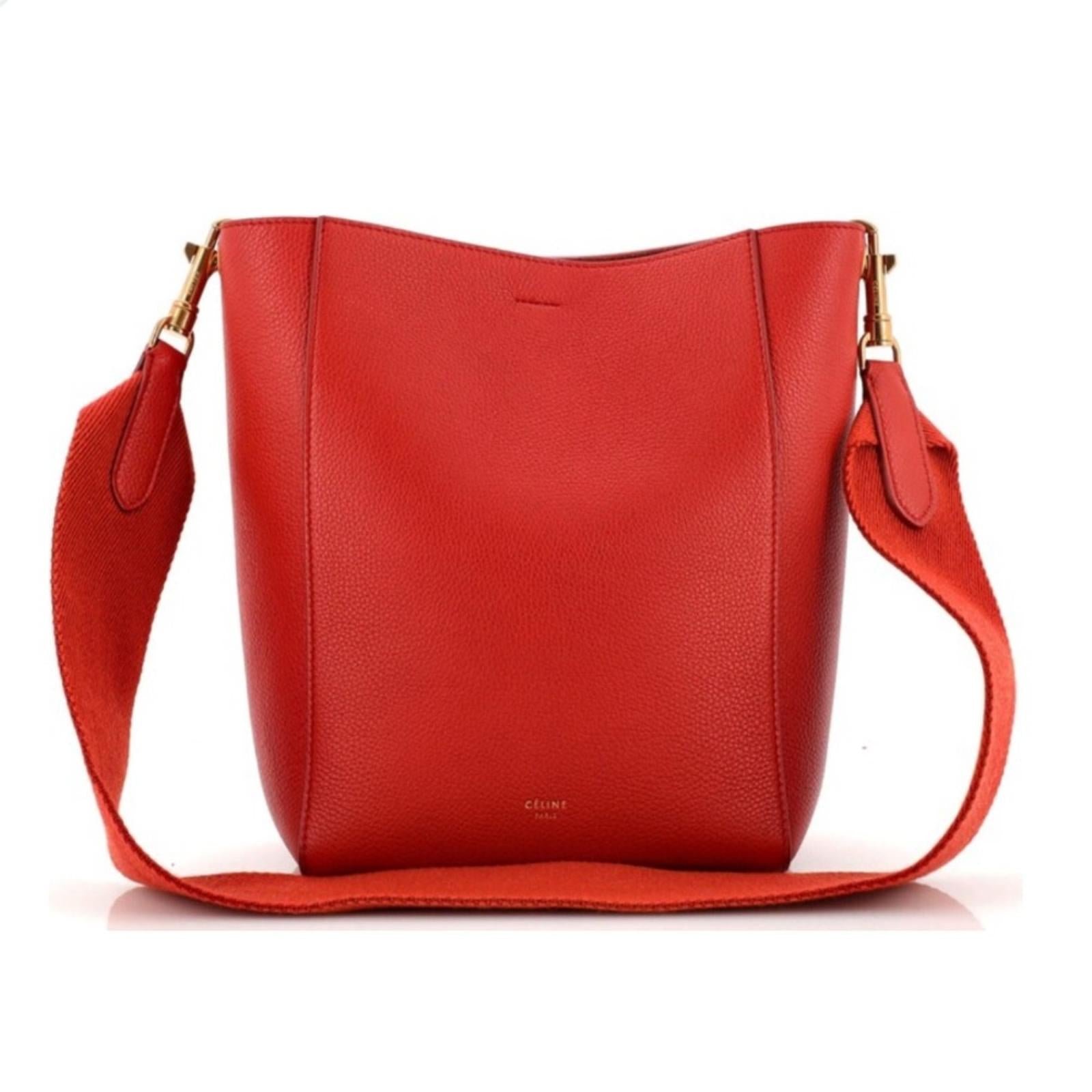 Celine Sangle Small Bucket Bag in Small Grain Calfskin in Red, Like NEW