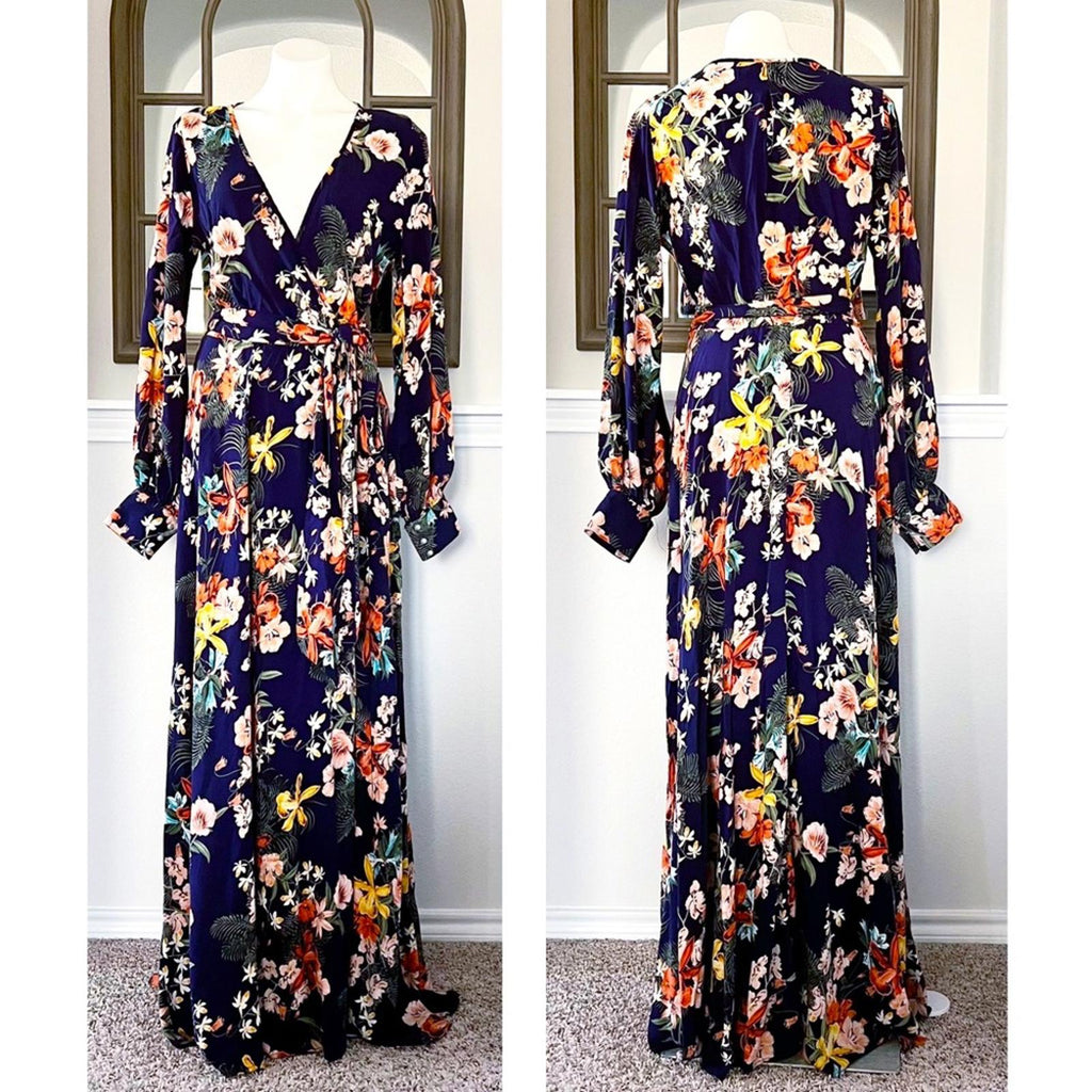 Meghan LA Floral Maxi Dress Navy Lilypad Split Neck Size XL EXCELLENT! $399