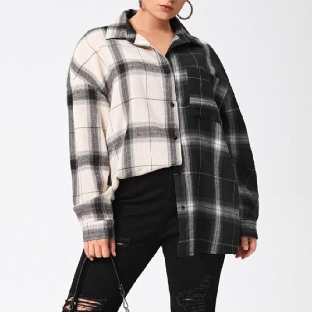 NEW LOOK Plaid Button Up Shirt in Black & White Size 1X New w/Tag