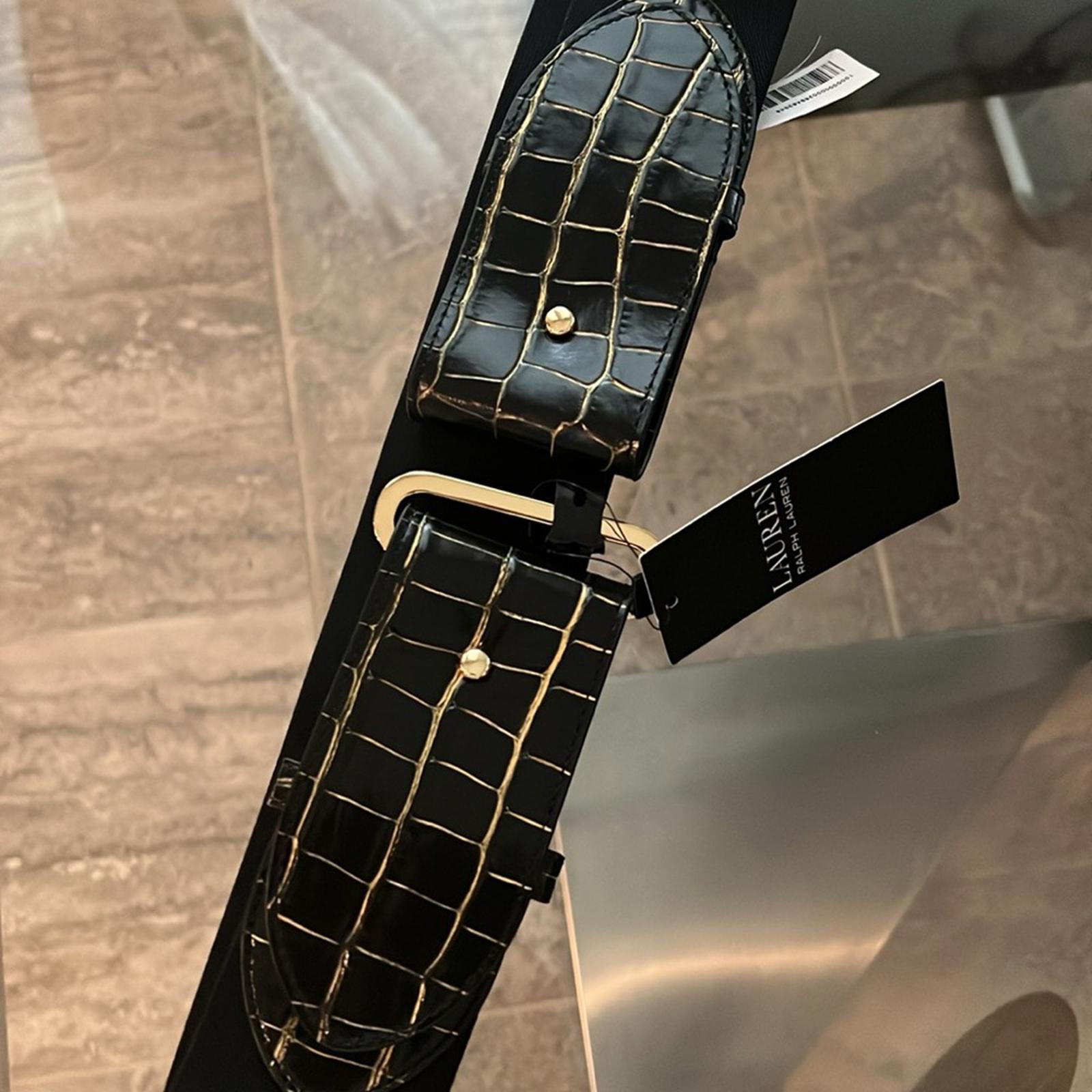 Ralph Lauren Embossed Leather Tab-Stretch Wide Belt Black/Gold NWT Sold Out!