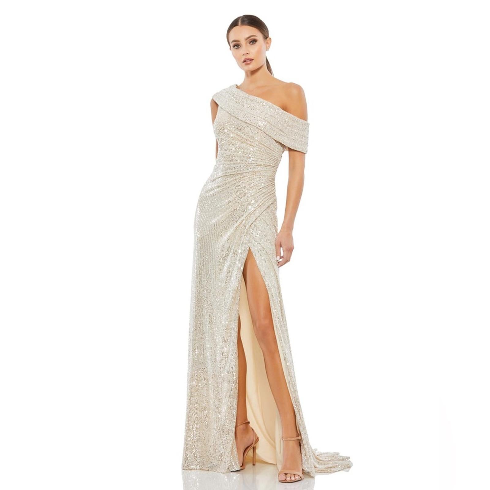 Mac Duggal IEENA One-Shoulder Ruched Sequined Gown Size 12, New w/Tag
