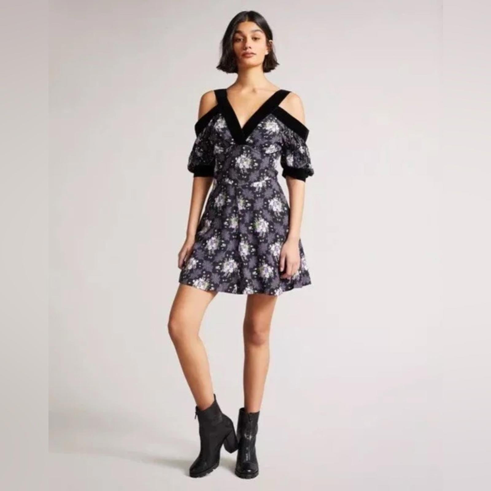 Ted Baker Leilia Floral Cold-Shoulder Mini Dress in Black, Size 2 – NWT