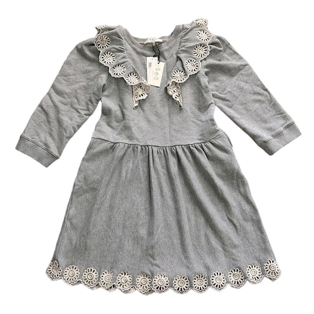 SEA Blaine Openwork Embroidery Adorned Long Sleeve Combo Dress, Grey Size 12Y