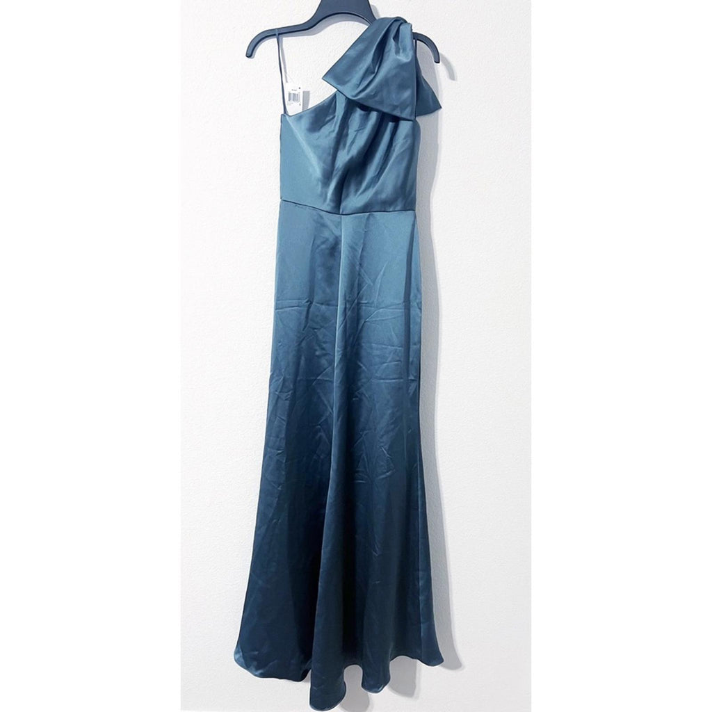 Amsale One-Shoulder Fluid Satin A-Line Gown in Petrol Green, Size 6, NEW