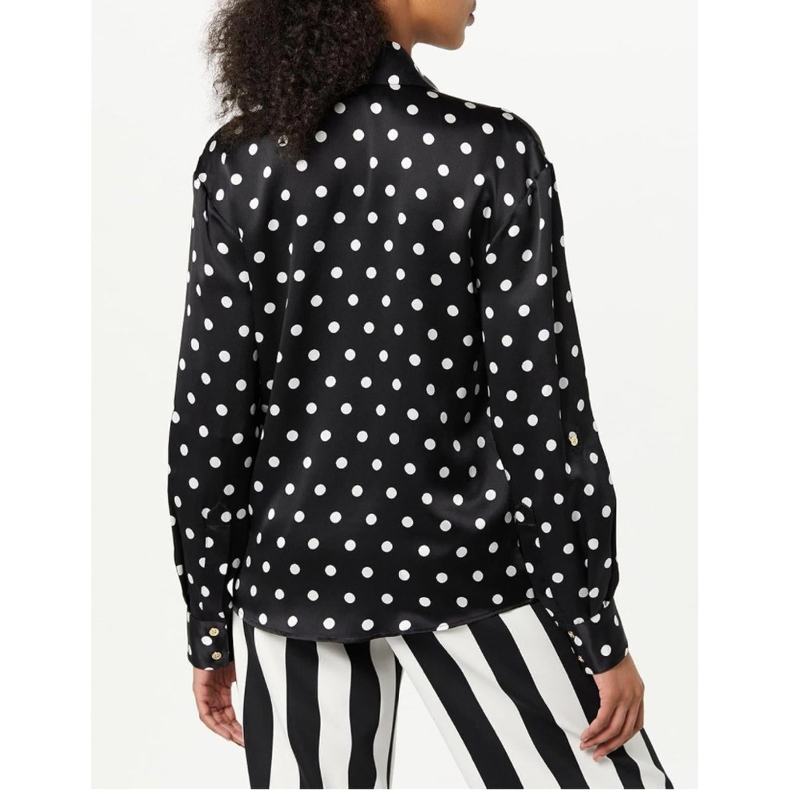 Sergio Hudson Polka Dot Silk Charmeuse Button-Up Blouse, Black/White XL NWT $795