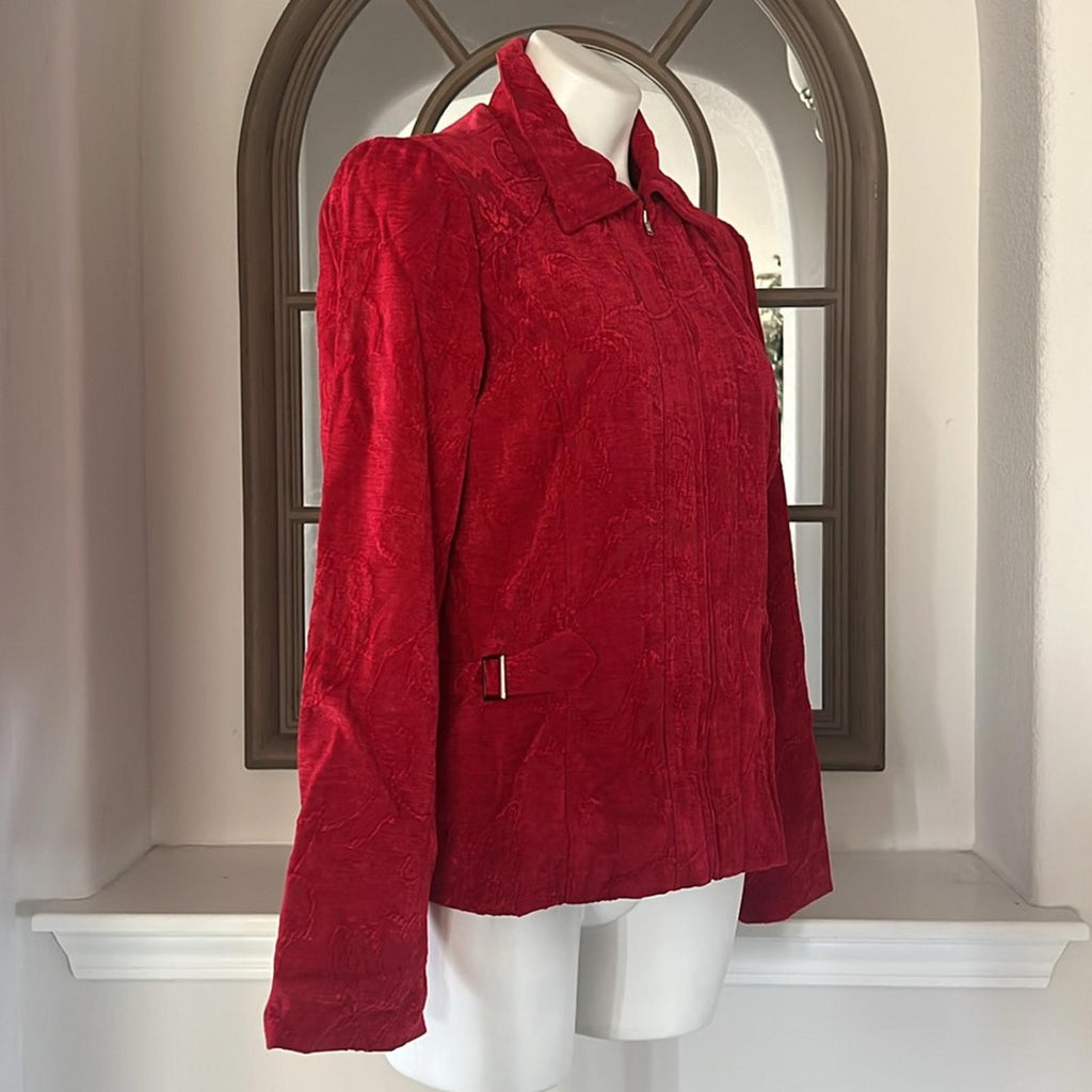 Christopher & Banks Floral Corduroy Front Zip Jacket in Red, Size L EXCELLENT