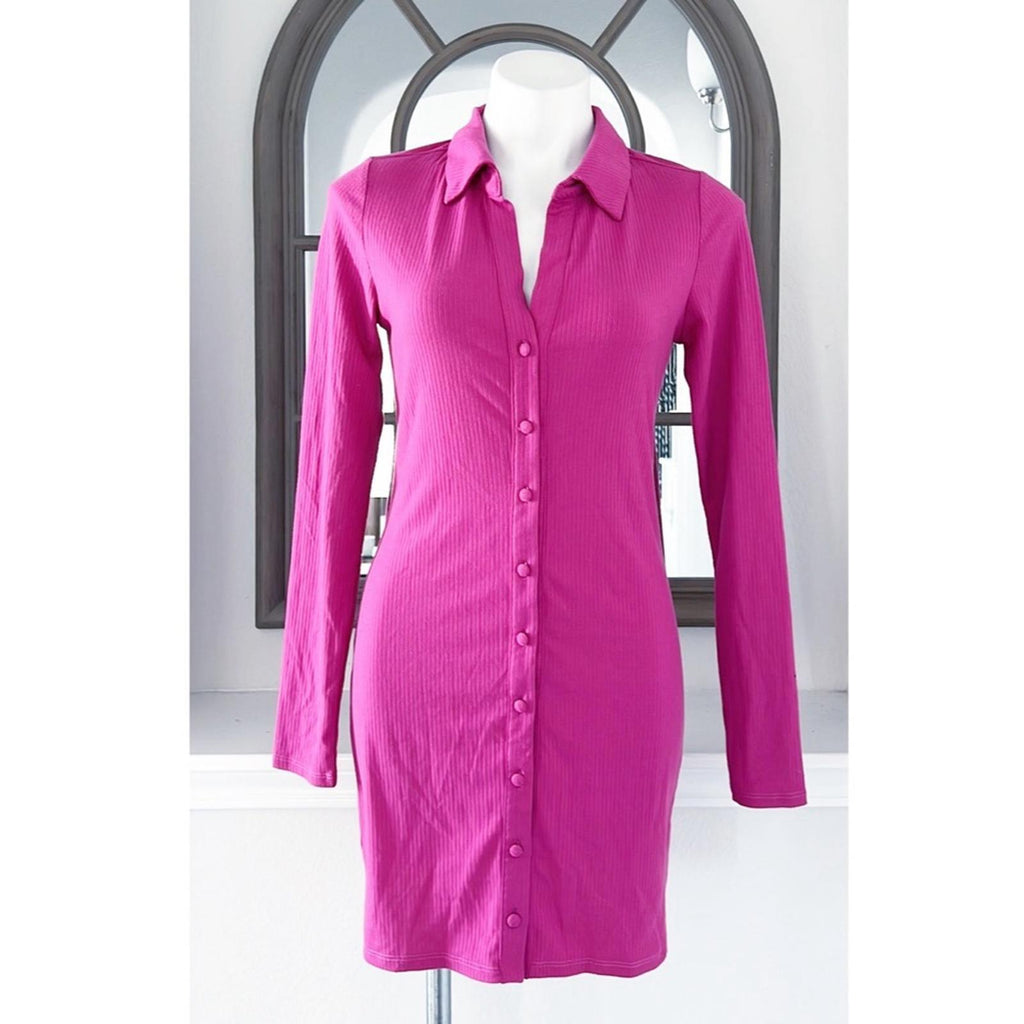 AFRM Ribbed Knit Collared Long Sleeve Button Front Shirt-Dress Berry, Size M NWT