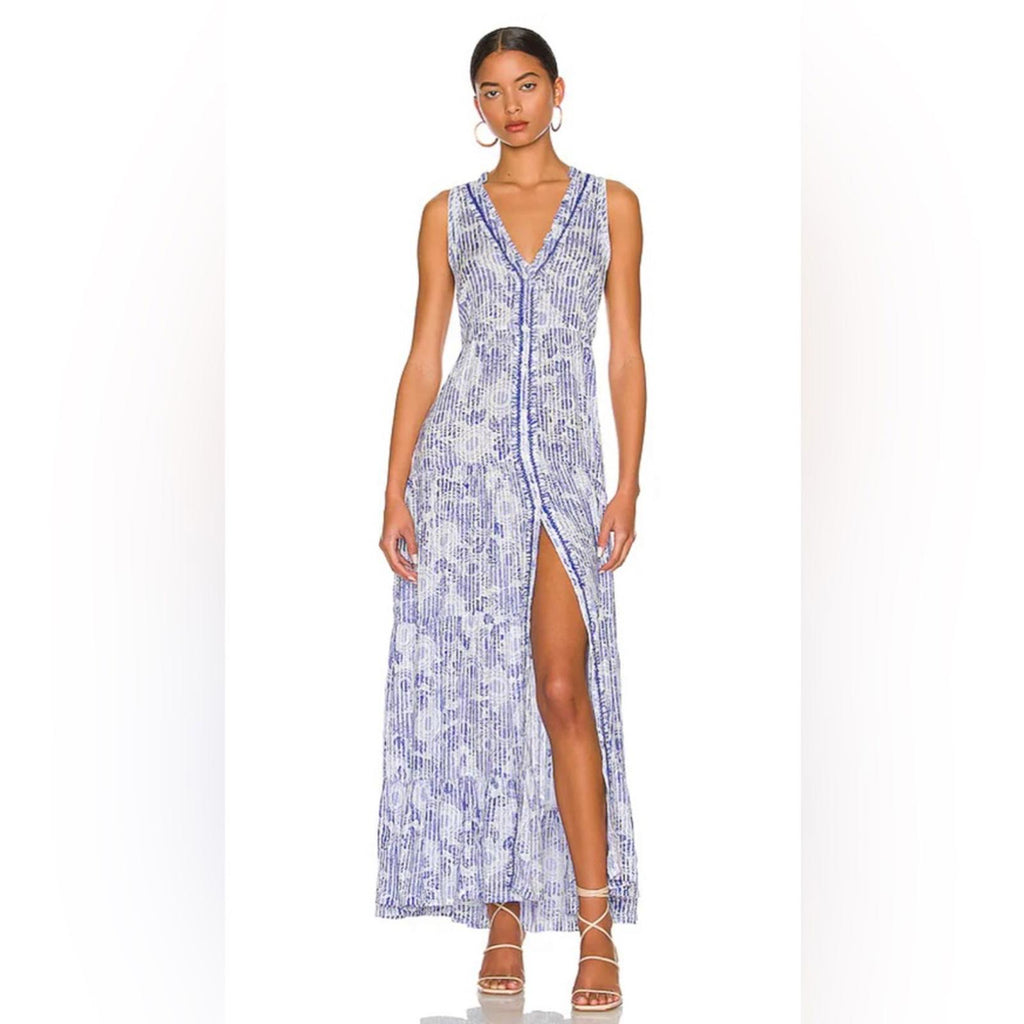 Poupette St. Barth Nana Printed Maxi Dress Revolve Blue Begonia Size L New w/Tag